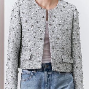 NEW SILVER METALLIC TWEED BLAZER XS  WITH SEQUINS (LOOKS LIKE ZARA)
